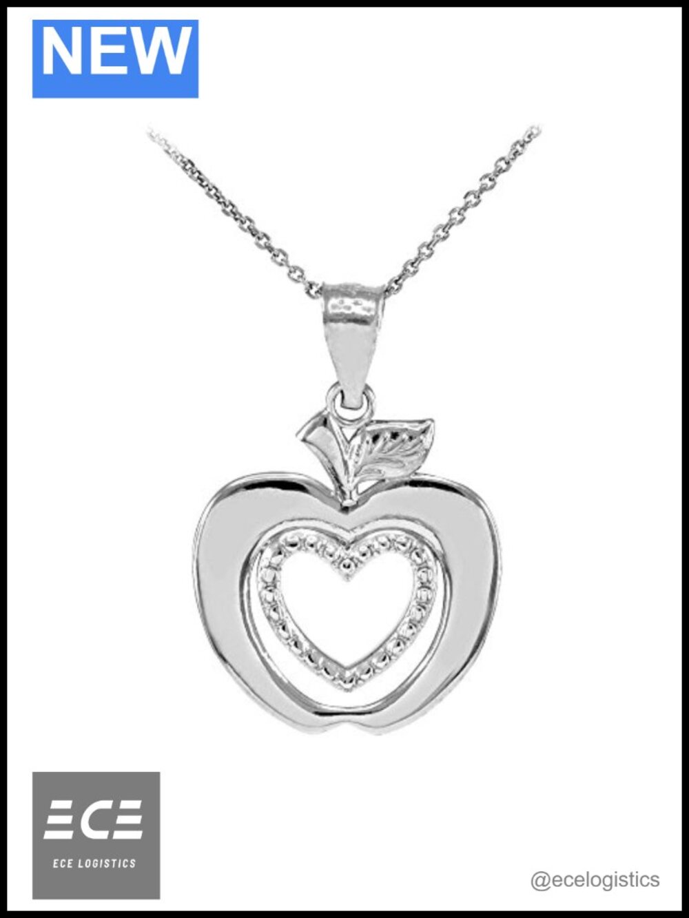 925 Sterling Silver Apple Heart Charm Pendant Necklace 16"